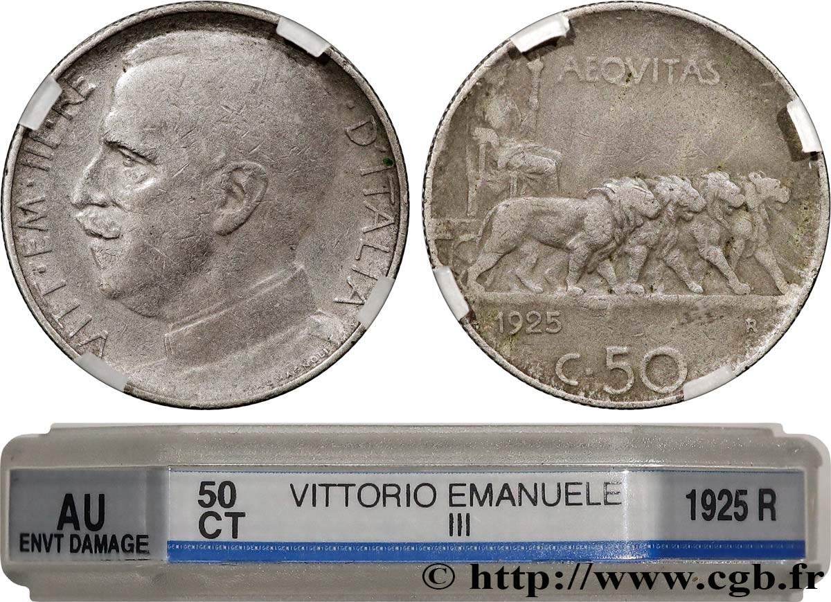 ITALY - KINGDOM OF ITALY - VICTOR-EMMANUEL III 50 Centesimi, tranche striée 1925 Rome - R AU GENI