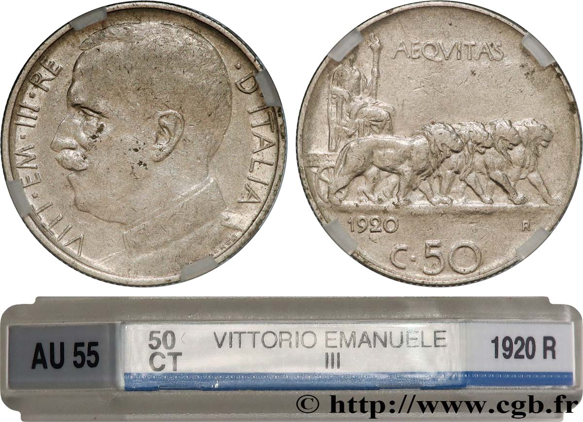 ITALIA - REGNO D ITALIA - VITTORIO EMANUELE III 50 Centesimi, tranche striée  1920 Rome SPL55 GENI