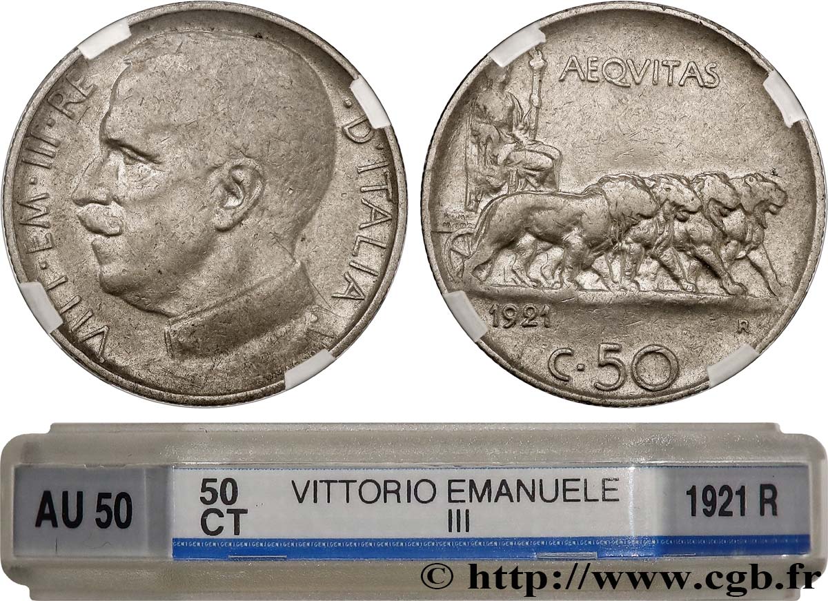 ITALY - KINGDOM OF ITALY - VICTOR-EMMANUEL III 50 Centesimi, tranche striée 1921 Rome AU50 GENI