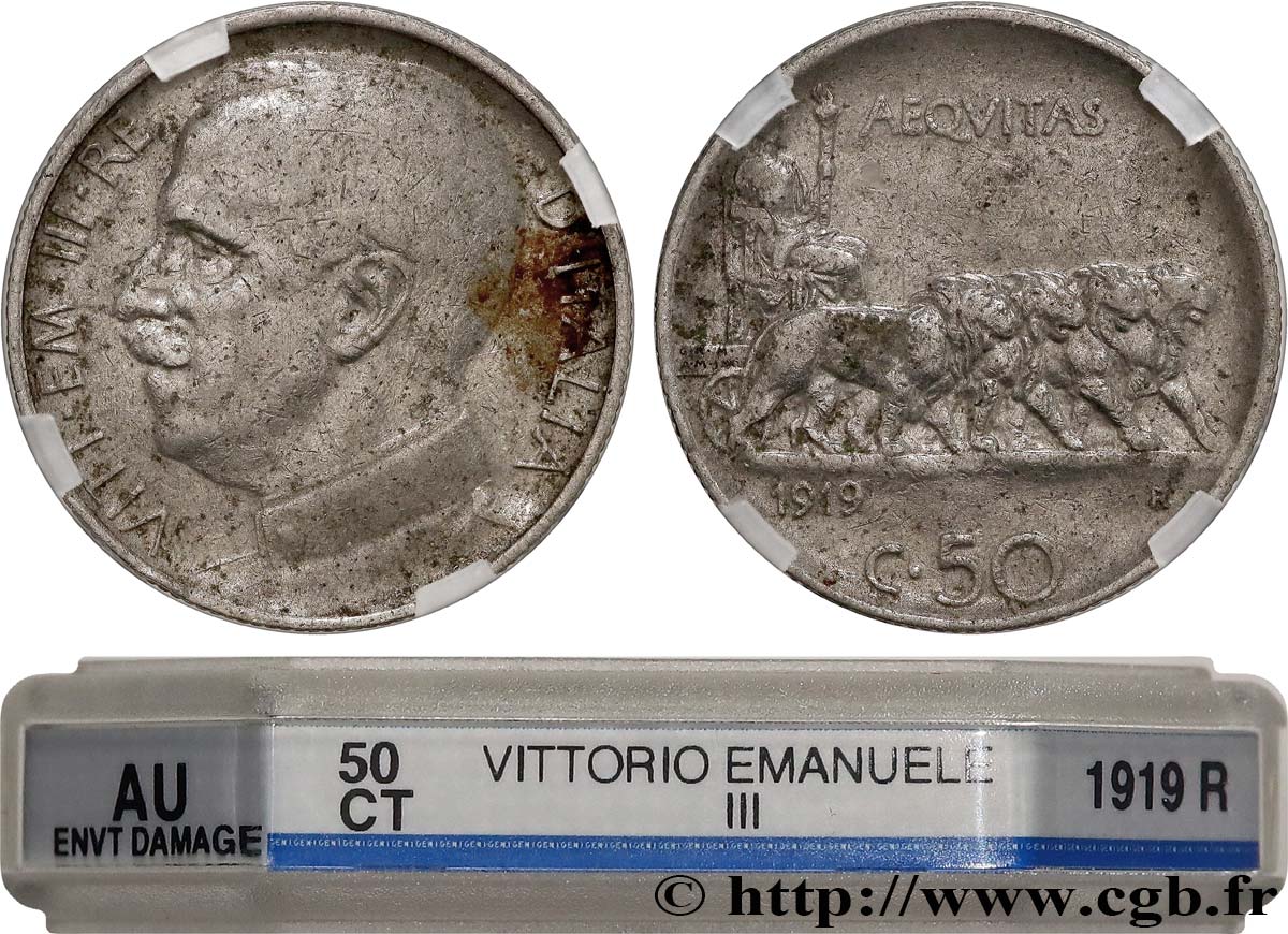 ITALY - KINGDOM OF ITALY - VICTOR-EMMANUEL III 50 Centesimi, tranche striée 1919 Rome AU GENI