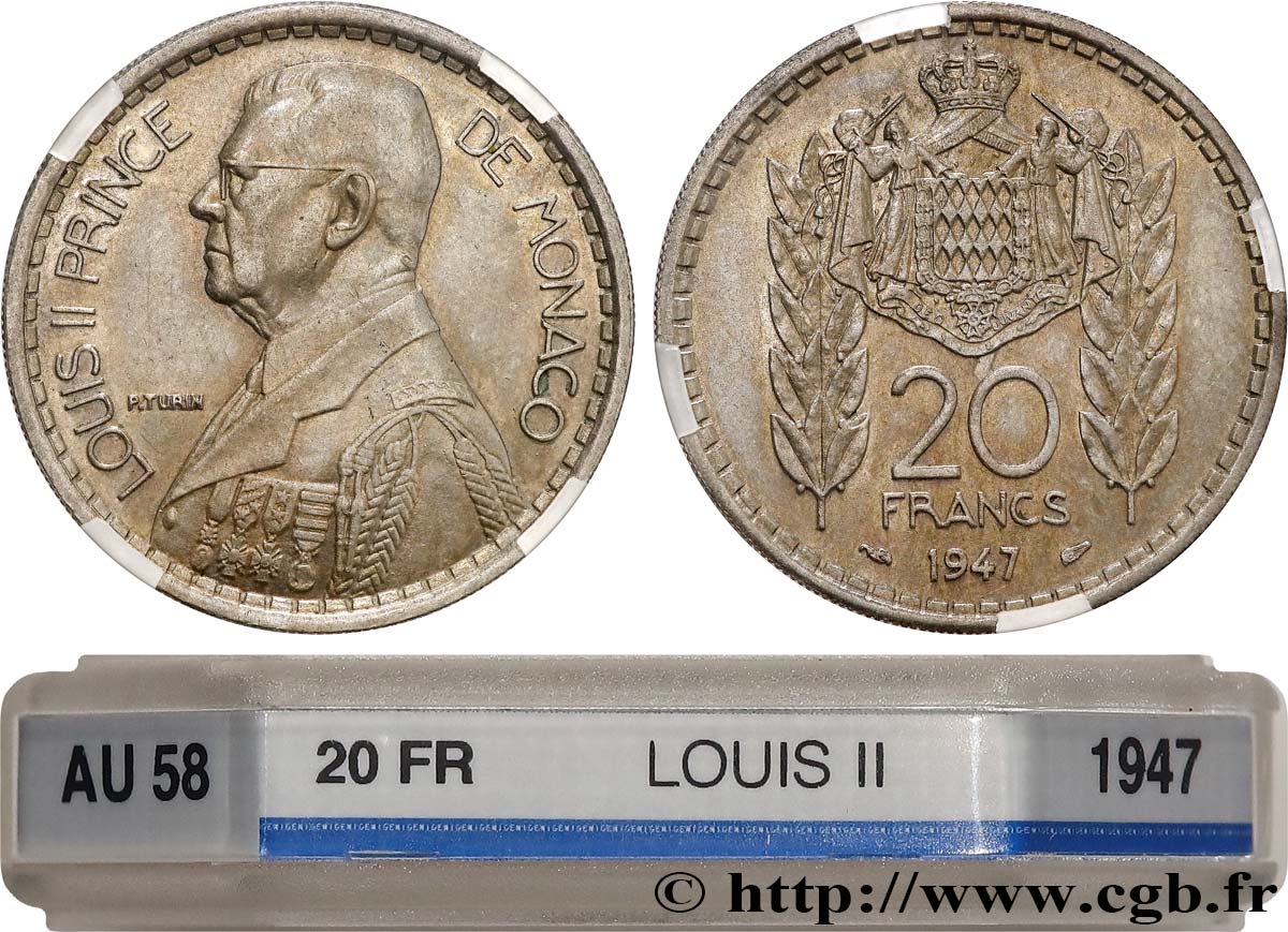 MONACO 20 Francs prince Louis II 1947 Paris AU58 GENI