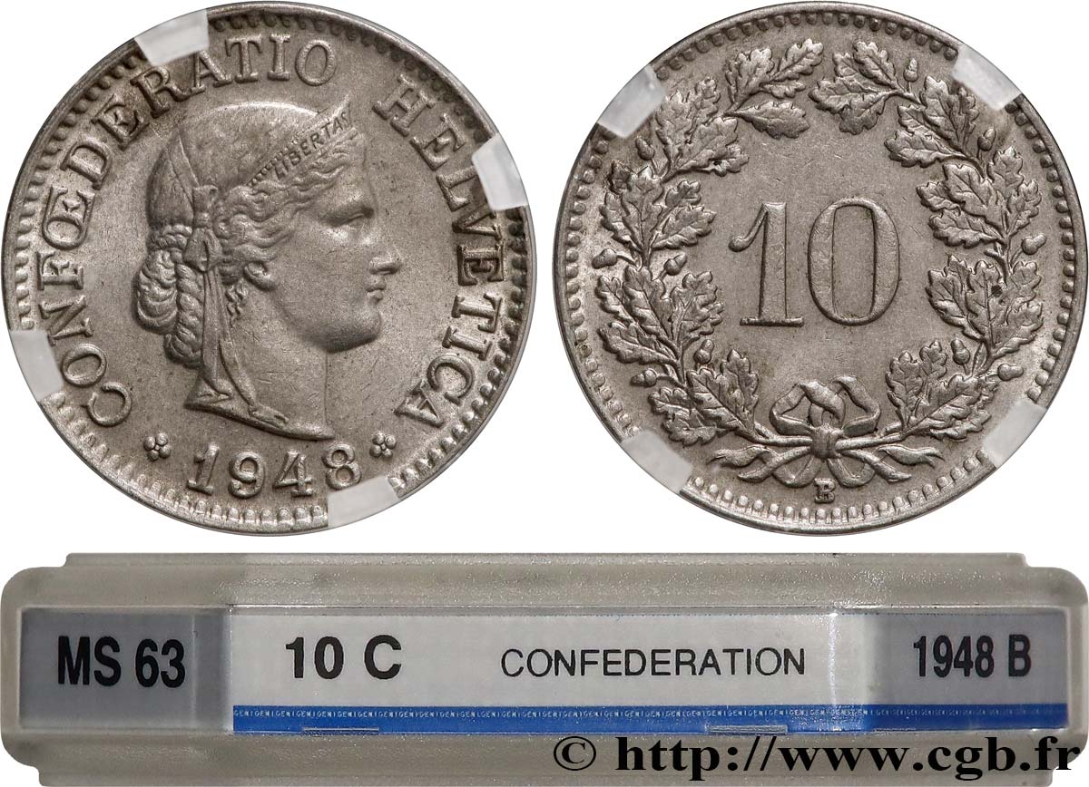 SWITZERLAND 10 Centimes (Rappen) Helvetia 1948 Berne MS63 GENI