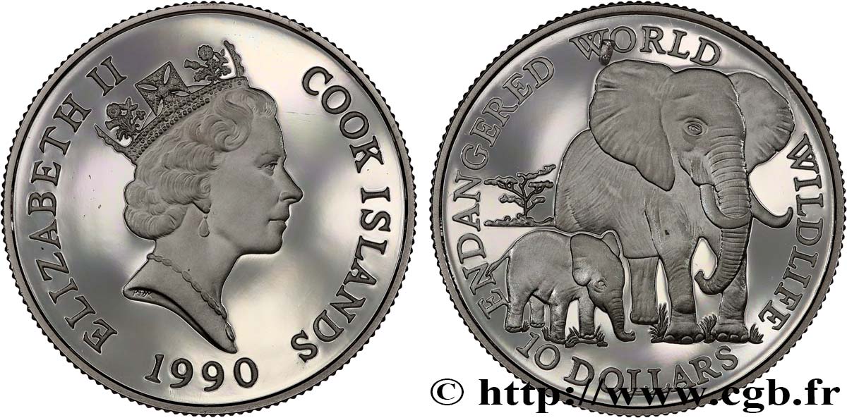 ÎLES COOK  10 Dollars Proof Éléphants 1990  SPL 