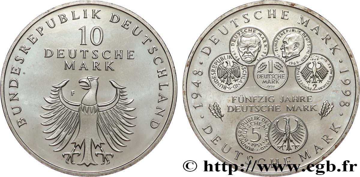 DEUTSCHLAND 10 Mark Proof 50e anniversaire de la création du Deutsche Mark 1998 Stuttgart - F fST 