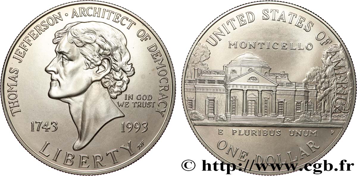 UNITED STATES OF AMERICA 1 Dollar Jefferson 1993 Philadelphie MS 