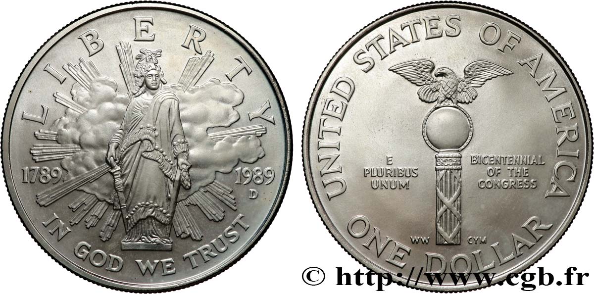 ÉTATS-UNIS D AMÉRIQUE 1 Dollar Proof bicentennaire du Congrès 1989 Denver SPL 