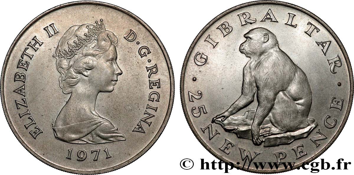 GIBRALTAR 25 New Pence Elisabeth II / singe Magot 1971  fST 