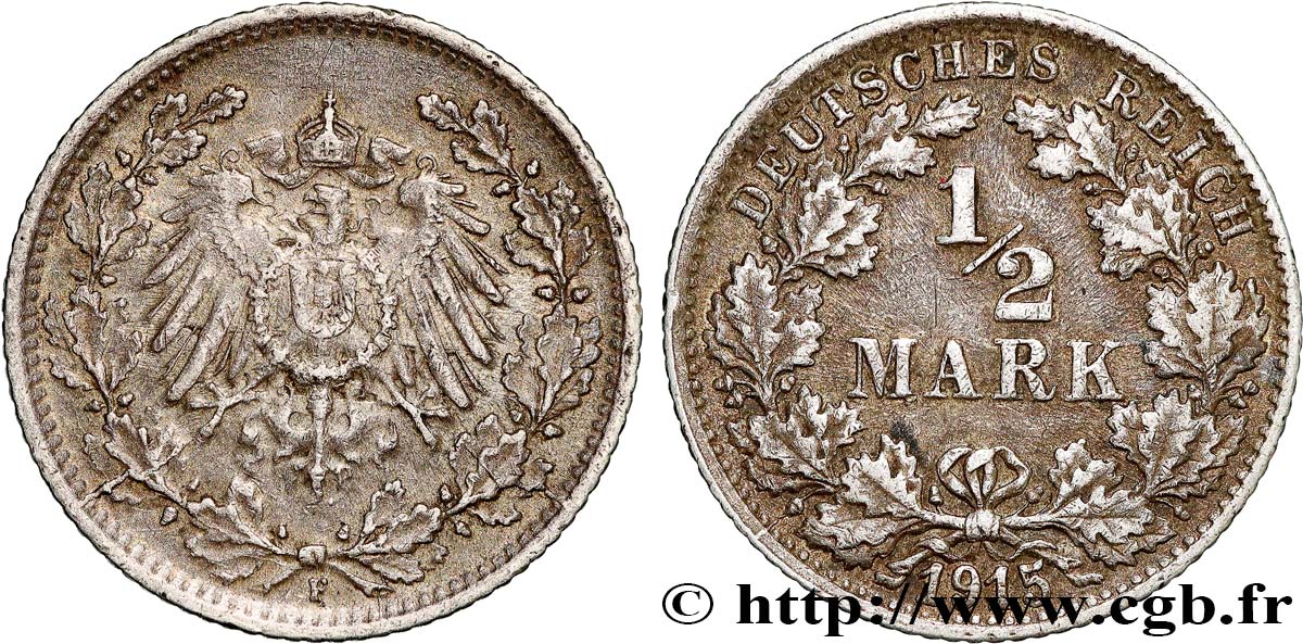 ALLEMAGNE 1/2 Mark Empire aigle impérial 1915 Stuttgart TTB 