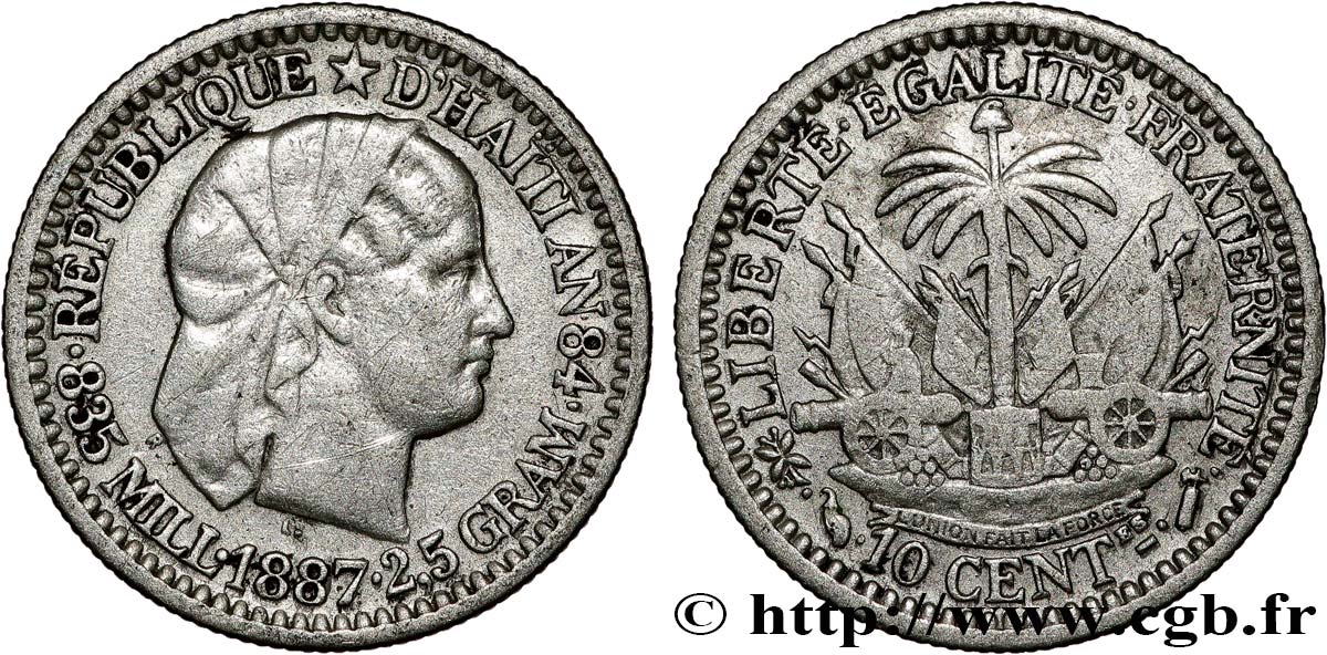 HAITI 10 Centimes emblème “Liberté créole” de Roty 1887 Paris BC+ 