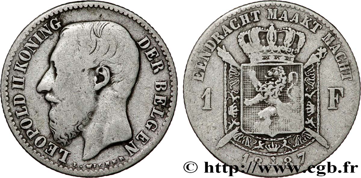 BELGIUM 1 Frank (Franc) Léopold II légende flamande signature L WIENER 1887  VF 