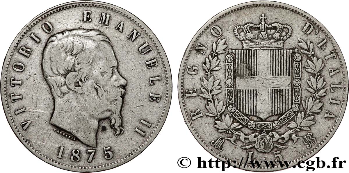 ITALIA 5 Lire Victor Emmanuel II 1875 Milan BC+ 