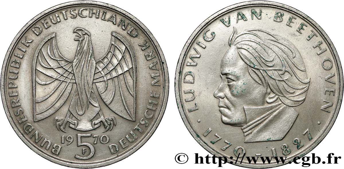 ALLEMAGNE 5 Mark 200e anniversaire de la naissance de Beethoven 1970 Stuttgart  SUP 