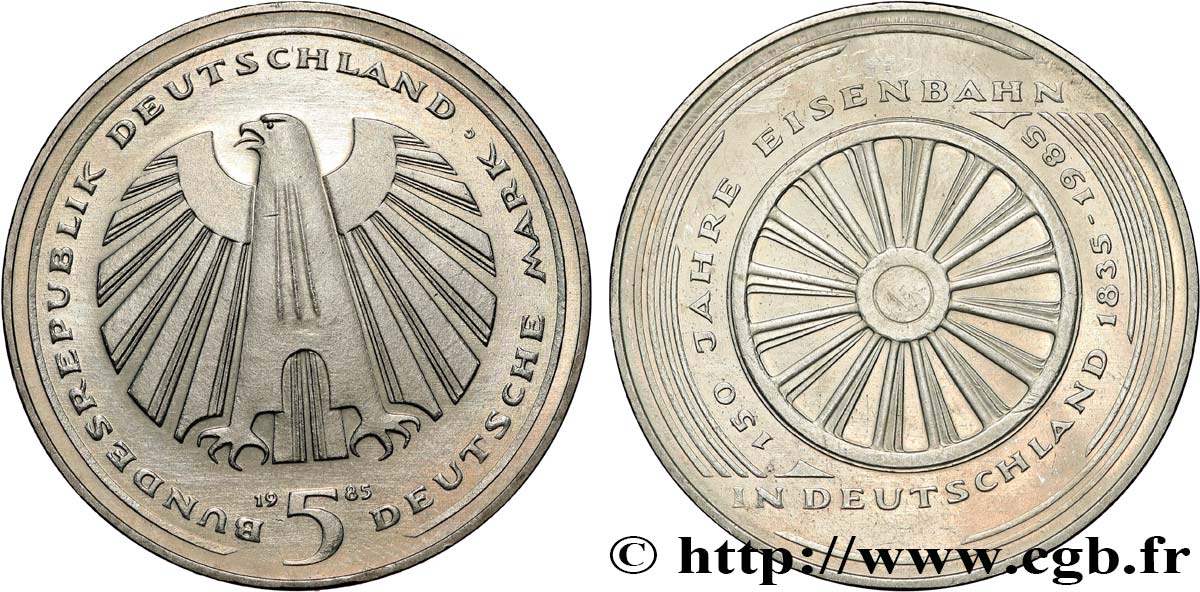 GERMANY 5 Mark 150e anniversaire des chemins de fer allemands 1985 Karlsruhe - G AU 