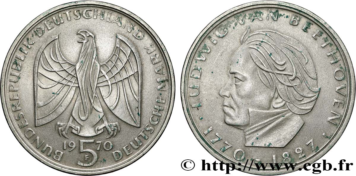 ALLEMAGNE 5 Mark 200e anniversaire de la naissance de Beethoven 1970 Stuttgart  TTB+ 
