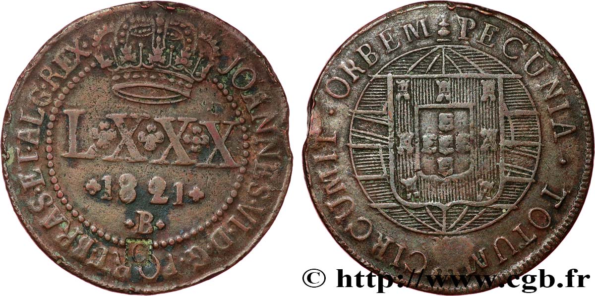BRÉSIL - JEAN VI 80 (LXXX) Reis  1821 Bahia MBC 