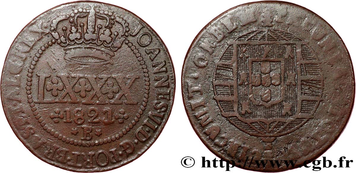 BRÉSIL - JEAN VI 80 (LXXX) Reis  1821 Bahia XF 