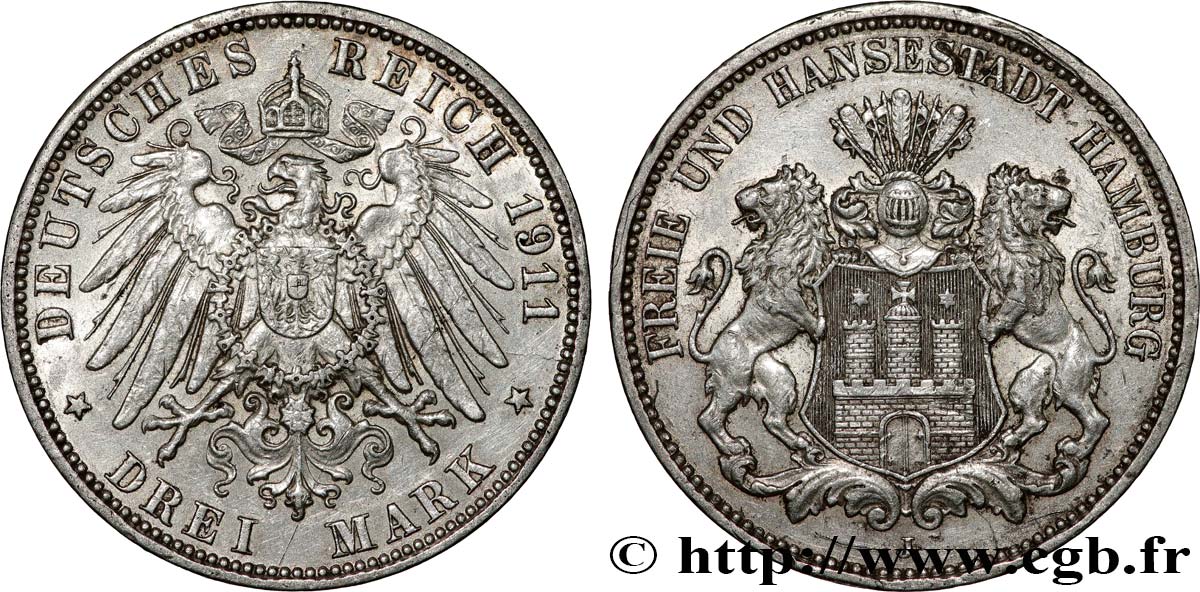 GERMANIA - LIBERA CITTA DE AMBURGO 3 Mark blason de Hambourg 1911 Hambourg q.SPL 