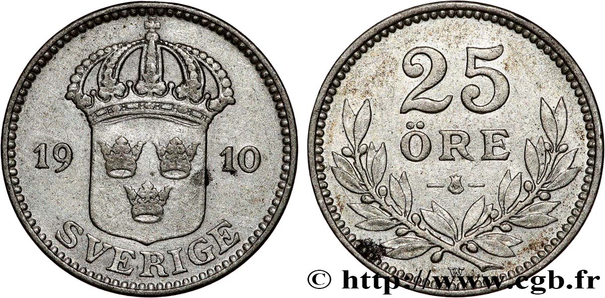 SWEDEN 25 Ore écu couronné variété à large croix 1910  XF 