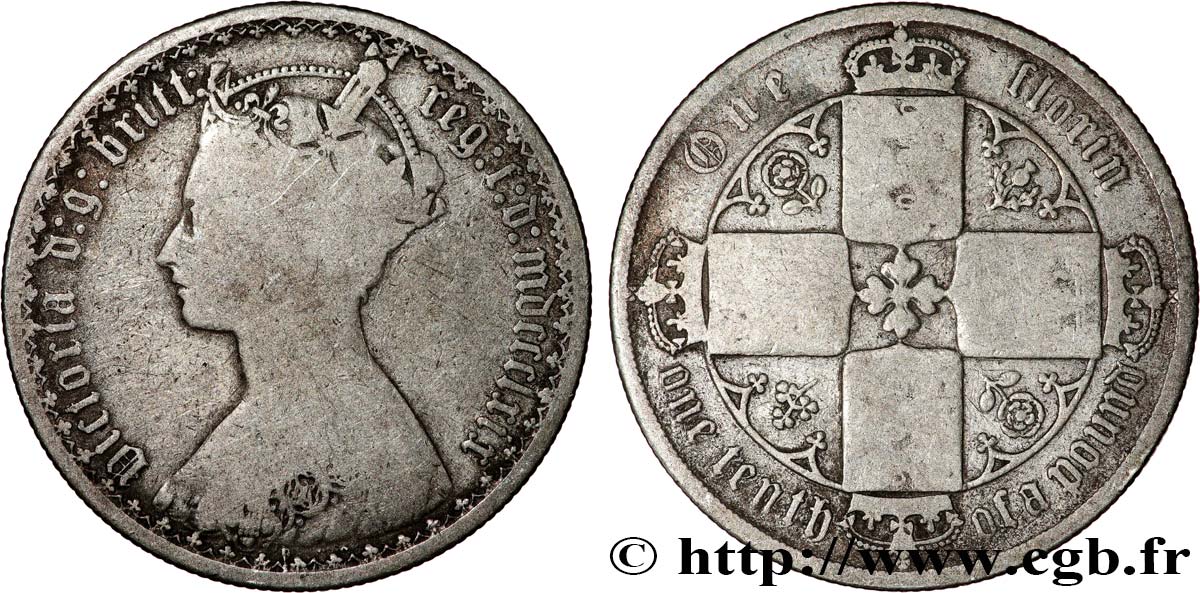 UNITED KINGDOM 1 Florin Victoria couronnée style gothique 1869 Londres VF 