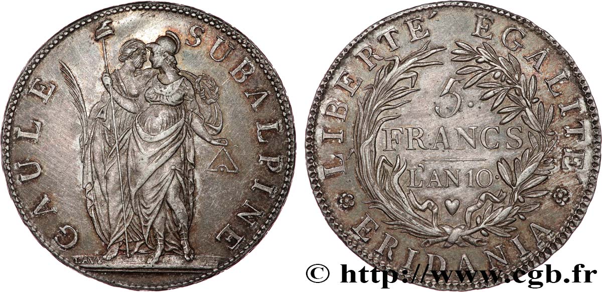 ITALIA - GALIA SUBALPINA 5 Francs an 10 1802 Turin MS 