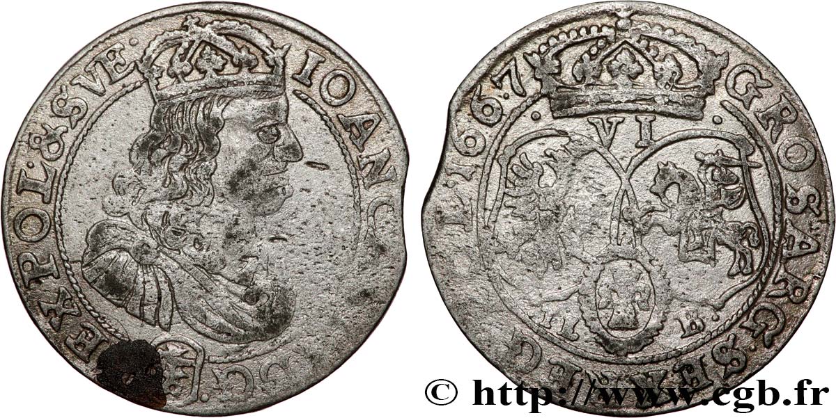 POLOGNE 6 Groszy (Groschen) Jean II Casimir Vasa 1667  TB+ 