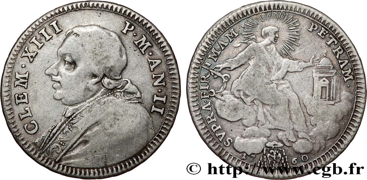 ITALIE - ÉTATS DU PAPE - CLEMENT XIII (Charles Rezzonico) Cinquième d’écu (Quinto di Scudo) 1760 Rome TB+ 