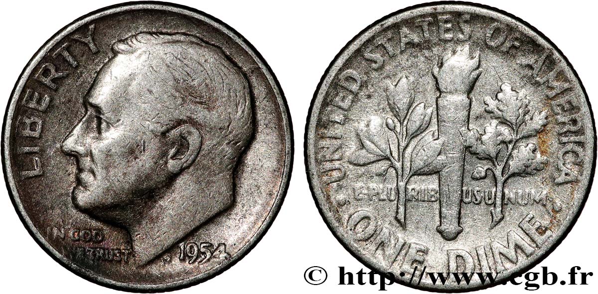 UNITED STATES OF AMERICA 1 Dime (10 Cents) Roosevelt 1954 Philadelphie XF 