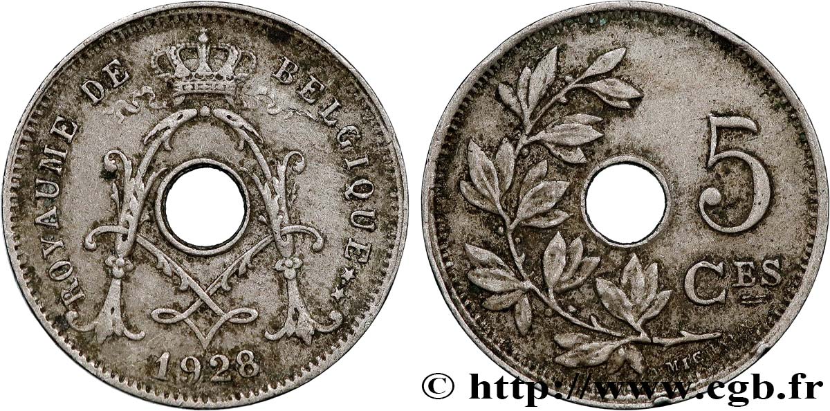BELGIUM 5 Centimes Albert Ier 1928  XF 