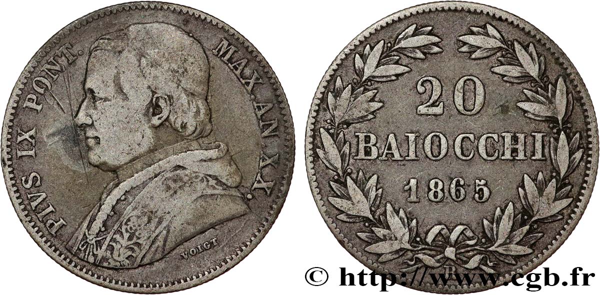 VATICAN ET ÉTATS PONTIFICAUX 20 Baiocchi Pie IX an XX 1865 Rome TB+ 
