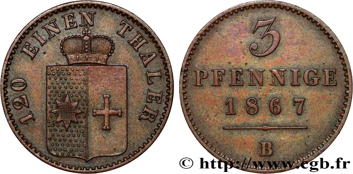 GERMANY - WALDECK-PYRMONT 3 Pfenning  1867 Hanovre AU 
