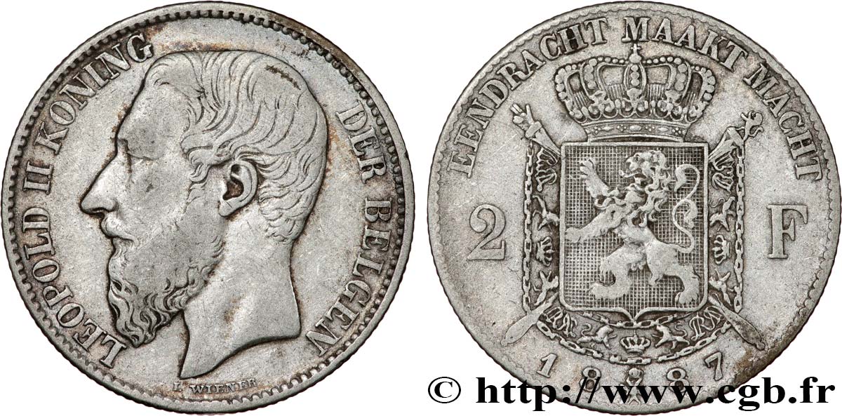 BÉLGICA 2 Francs Léopold II légende flamande 1887  BC 