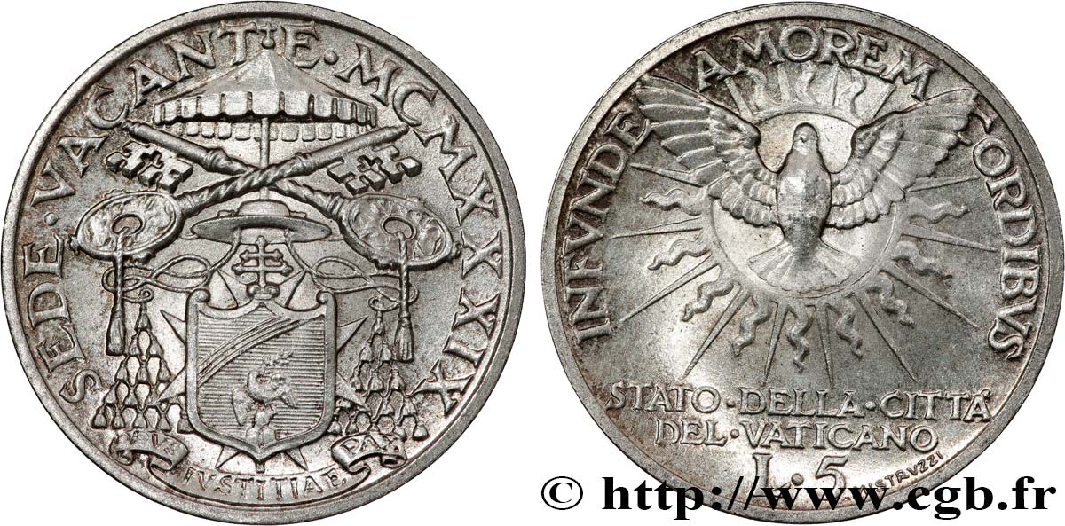 VATICAN AND PAPAL STATES 5 Lire Sede Vacante 1939 Rome MS 
