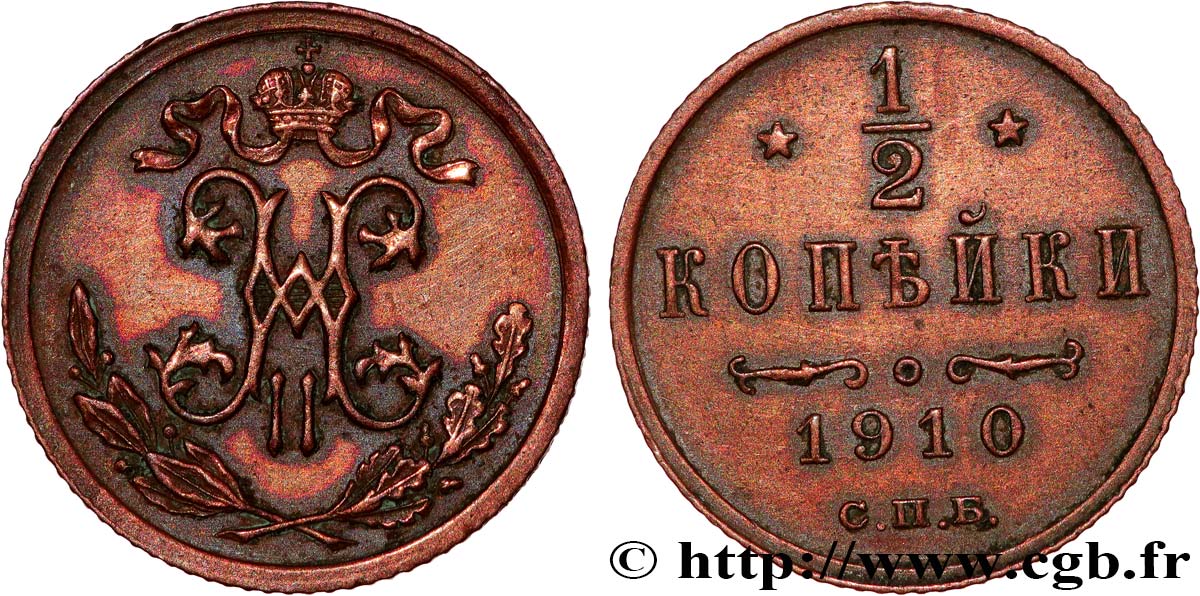 RUSSIA 1/2 Kopeck Nicolas II 1910 Saint-Petersbourg AU 