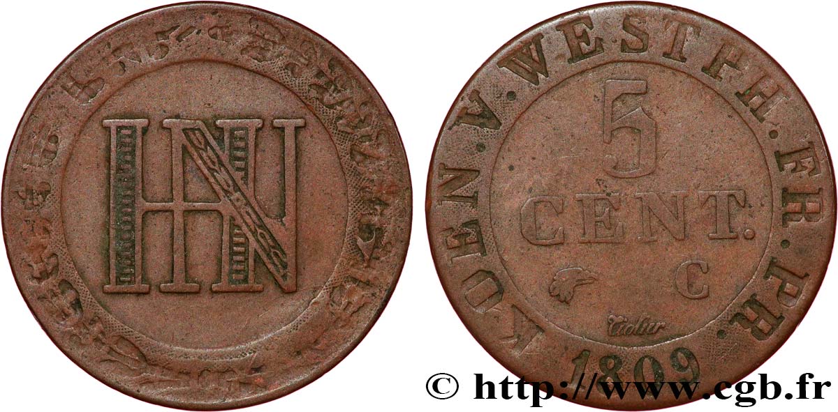 ALEMANIE - REINO DE WESTFALIA 5 Centimes monogramme de Jérôme Napoléon 1809 Cassel BC+ 