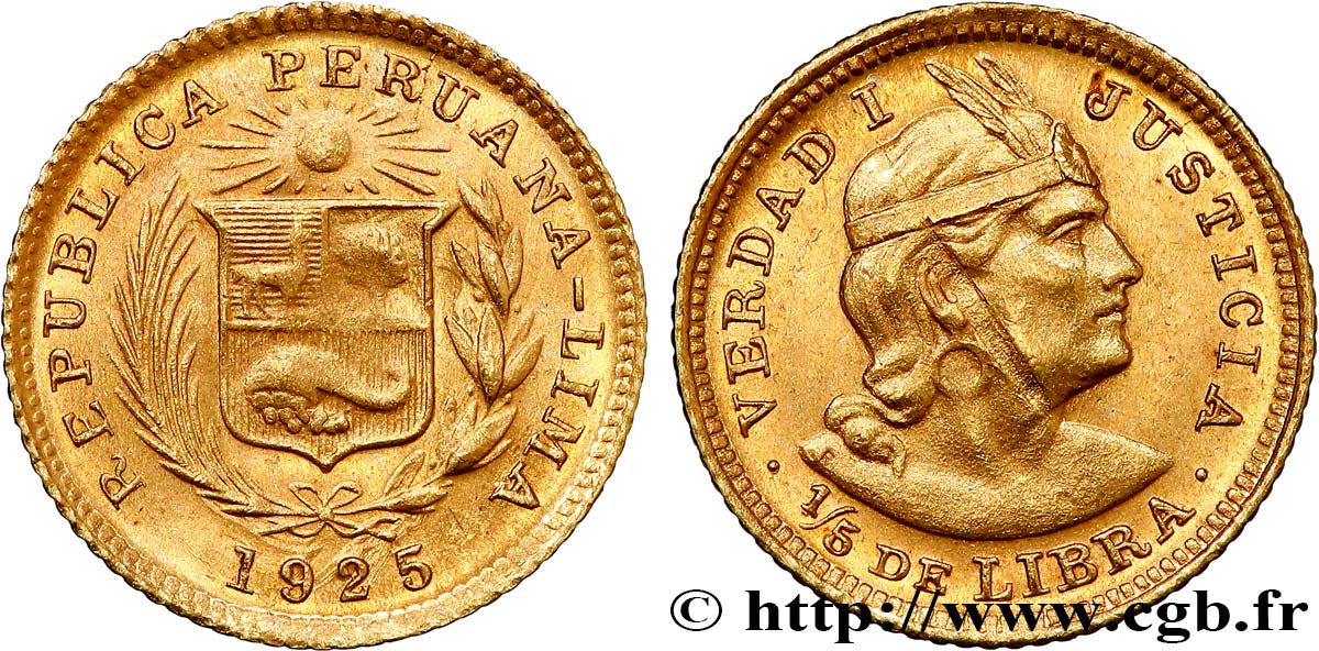 PERú 1/5 Libra or écu surmonté d’un soleil / indien 1925 Lima EBC 