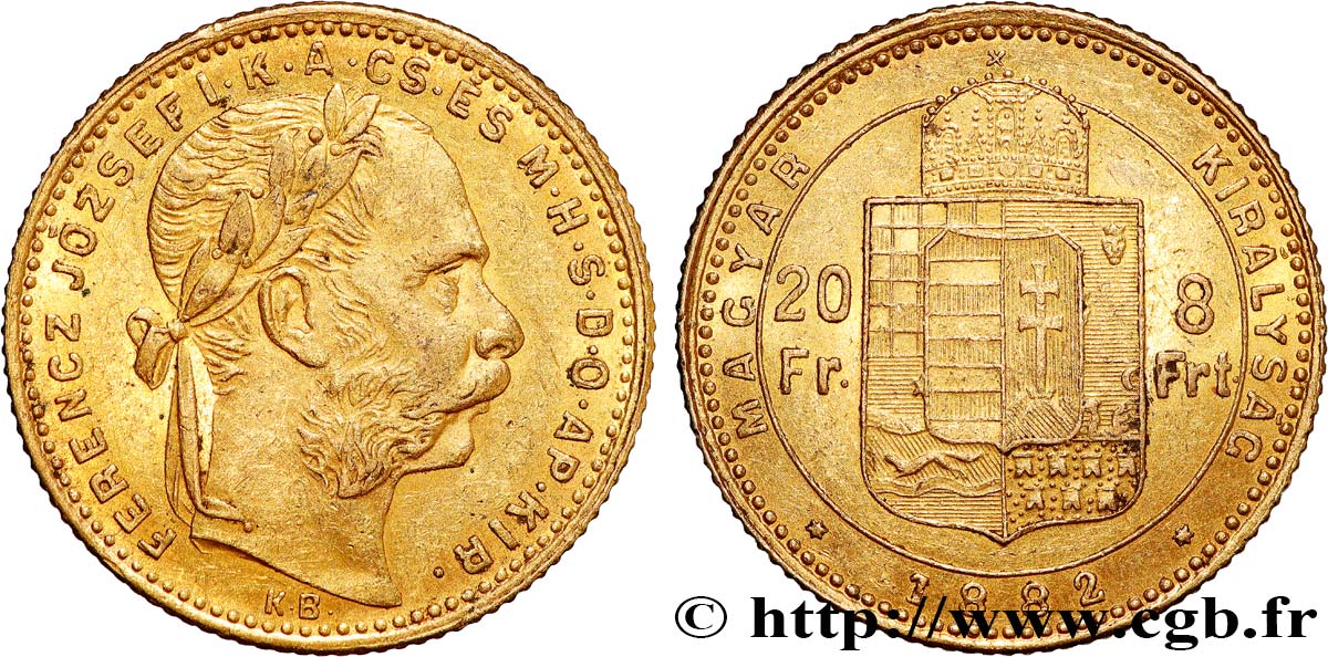 OR D INVESTISSEMENT 20 Francs or ou 8 Forint, 2e type François-Joseph Ier 1882 Kremnitz TTB 