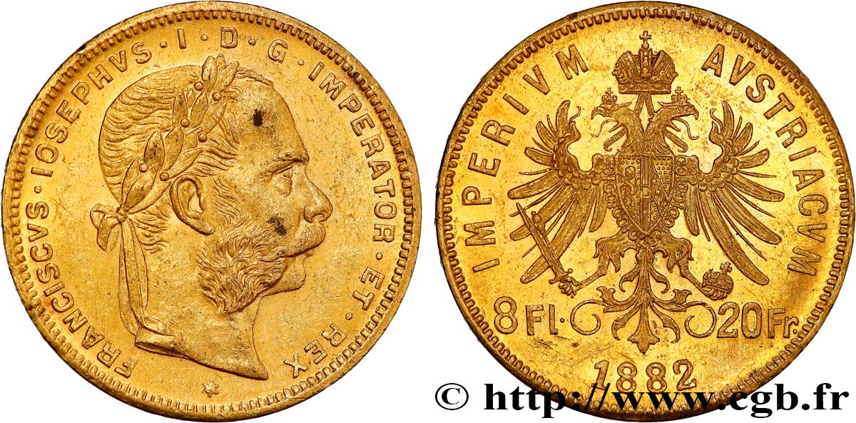 OR D INVESTISSEMENT 8 Florins ou 20 Francs François-Joseph Ier 1882 Vienne TTB+ 