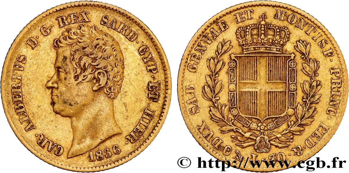 INVESTMENT GOLD 20 Lire Charles-Albert 1836 Gênes BC+/MBC 