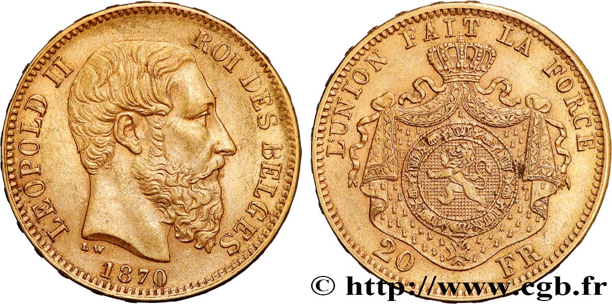 INVESTMENT GOLD 20 Francs Léopold II 1870 Bruxelles BB 