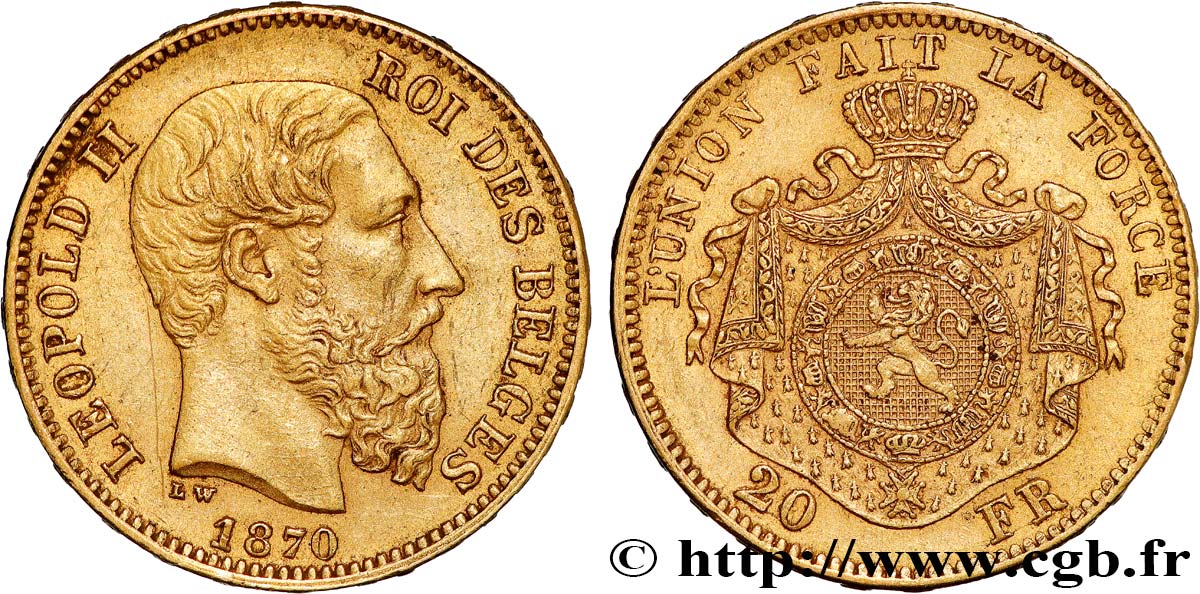 OR D INVESTISSEMENT 20 Francs Léopold II 1870 Bruxelles TTB 