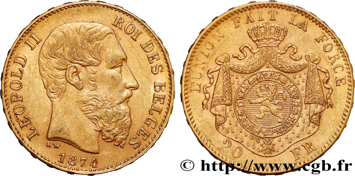OR D INVESTISSEMENT 20 Francs Léopold II 1874 Bruxelles TTB 
