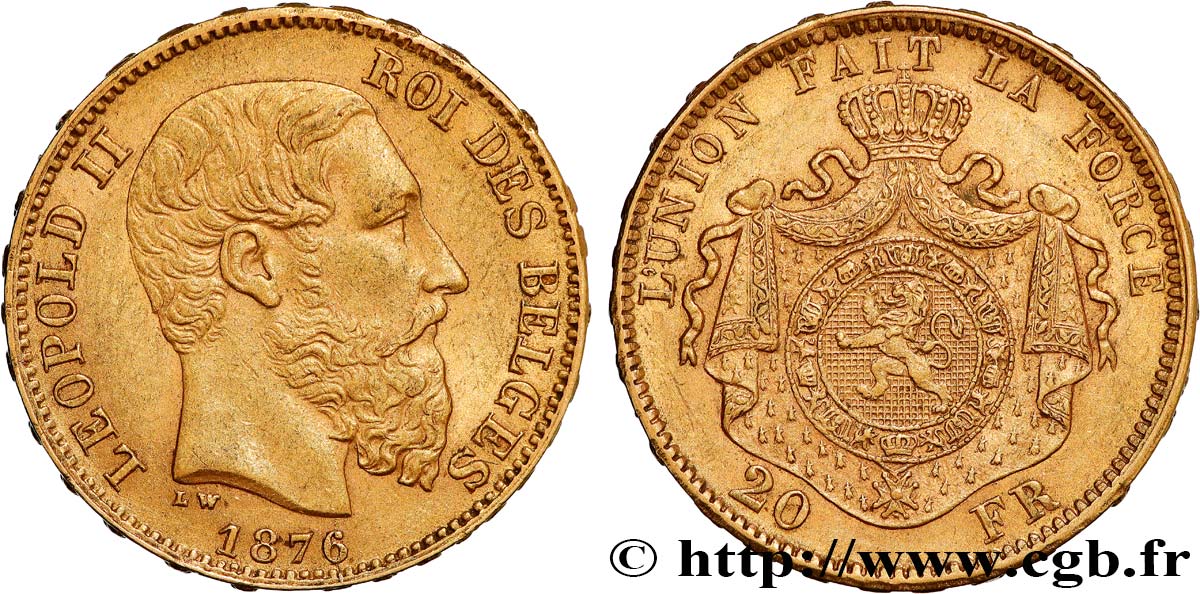 INVESTMENT GOLD 20 Francs Léopold II 1876 Bruxelles MBC+ 