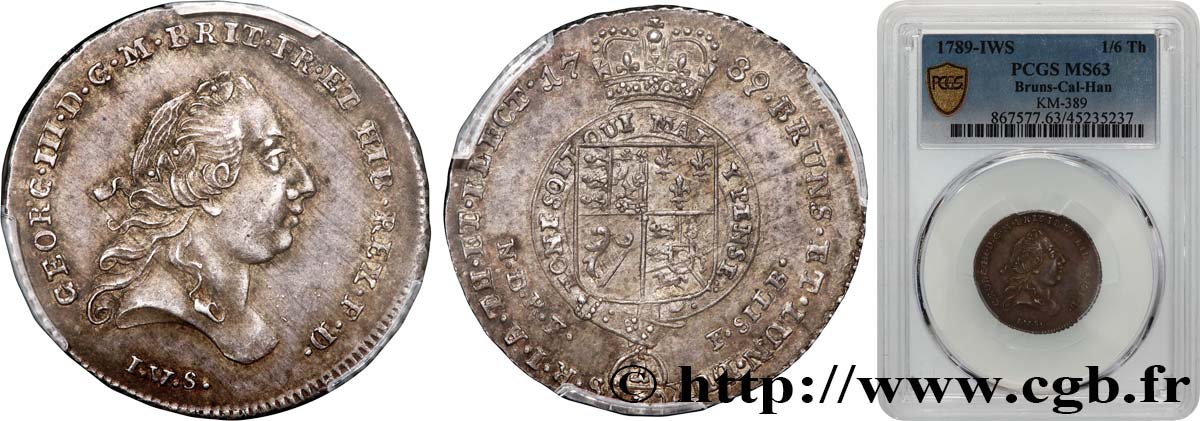 GERMANY - DUCHY OF BRUNSWICK AND LUNENBURG - GEORGE III OF GREAT BRITAIN 1/6 Thaler 1789  MS63 PCGS