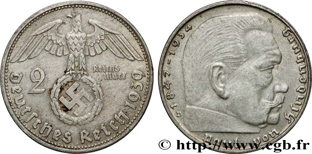 DEUTSCHLAND 2 Reichsmark Maréchal Paul von Hindenburg 1939 Munich  SS 