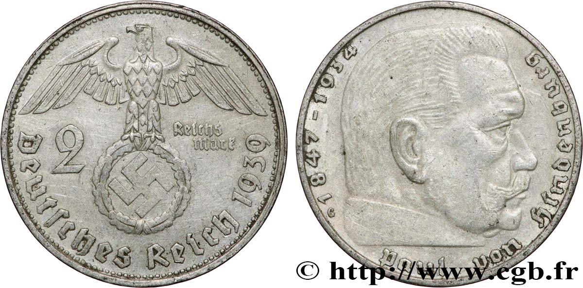 ALLEMAGNE 2 Reichsmark Paul von Hindenburg 1939 Karlsruhe - G TTB 