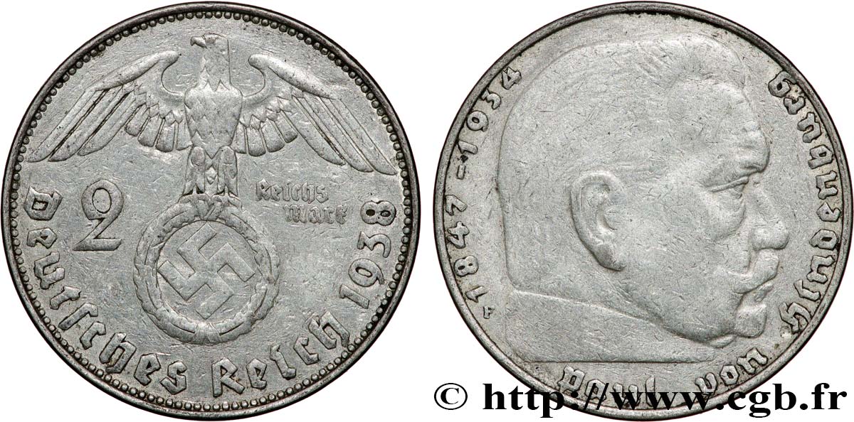 ALLEMAGNE 2 Reichsmark Maréchal Paul von Hindenburg 1938 Stuttgart TTB 