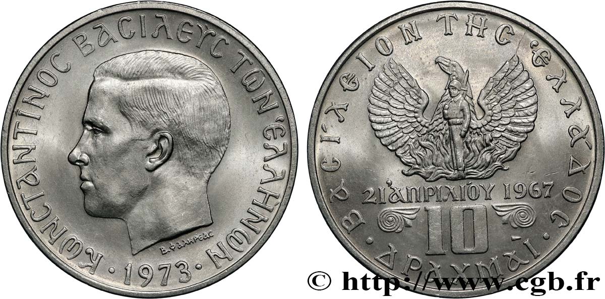 GRIECHENLAND 10 Drachmes Constantin II 1973  VZ 