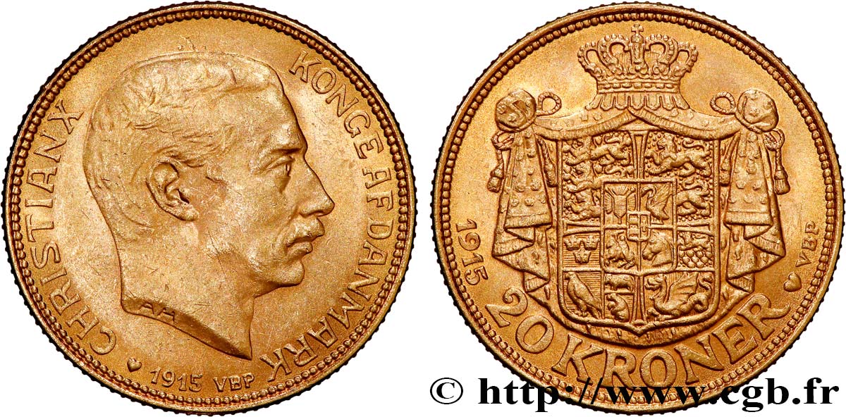 DANEMARK - ROYAUME DU DANEMARK - CHRISTIAN X 20 Kroner 1915 Copenhague SUP 