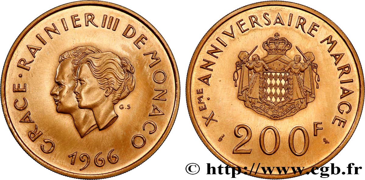 MONACO - PRINCIPALITY OF MONACO - RAINIER III 200 Francs or, dixième anniversaire du mariage 1966 Paris MS 