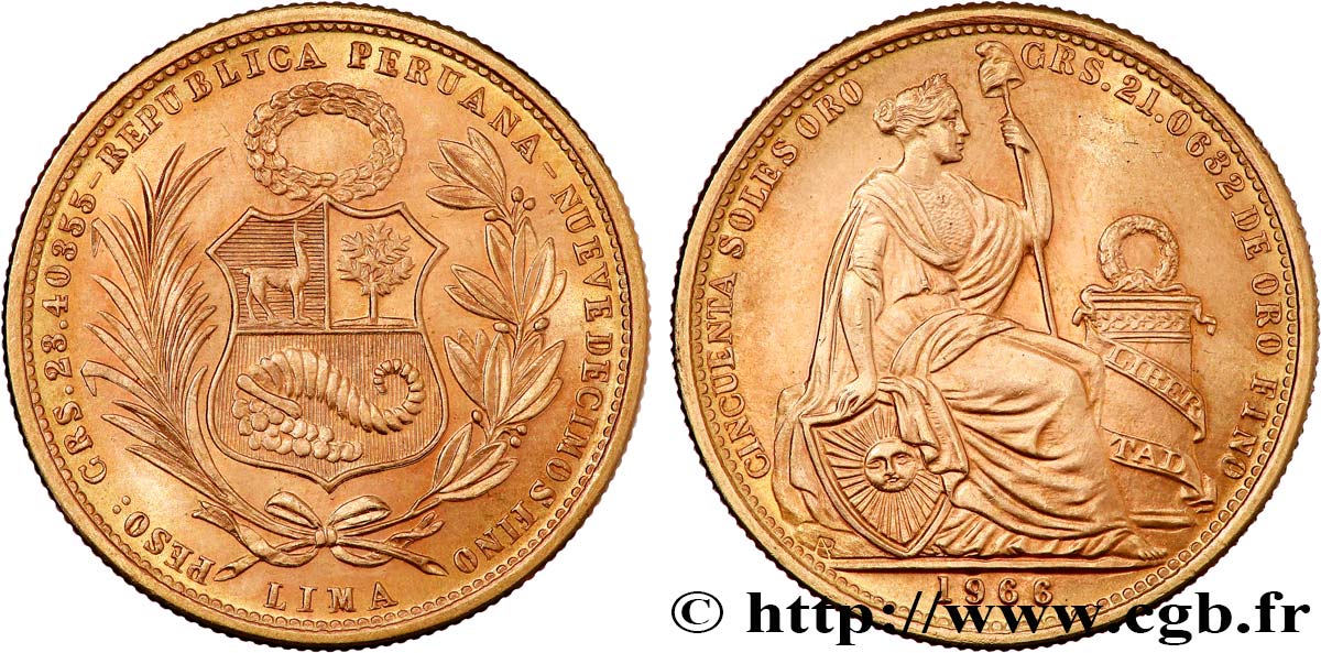 PÉROU - RÉPUBLIQUE 50 Soles liberté assise 1966 Lima SUP 